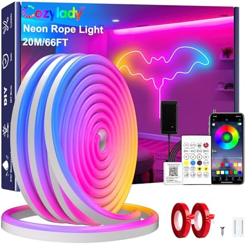 Cozylady 66Ft (33Ft * 2 Rolls) RGB LED Neon Rope Lights for Bedroom, 20m LED Strip Lamp with Double Sided Adhesive Tape, App/Remote Control DIY Lights Decorate the Outdoor and Indoor of Your Home by CozyladyInc