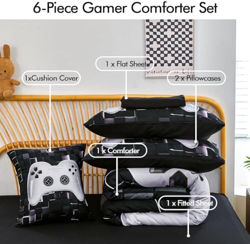 PERFEMET 6 Pieces Bed in A Bag Gamer Comforter Set Queen Size-Black White Game Console Bedding Set for Boys Girls-Soft Comfy 3D Cool Video Game Kids Bed Set(White, Queen) - Image 3