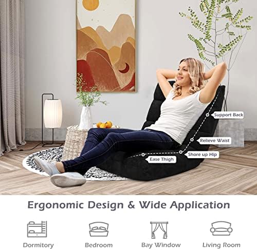 COSTWAY Adjustable Gaming Chair, Video Gaming Chairs with Back Support, Alloy Steel Frame, Soft Coral Fleece, Lazy Sofa Lounge for Reading Living Room Recliner for Adults Kids, Black - Image 4