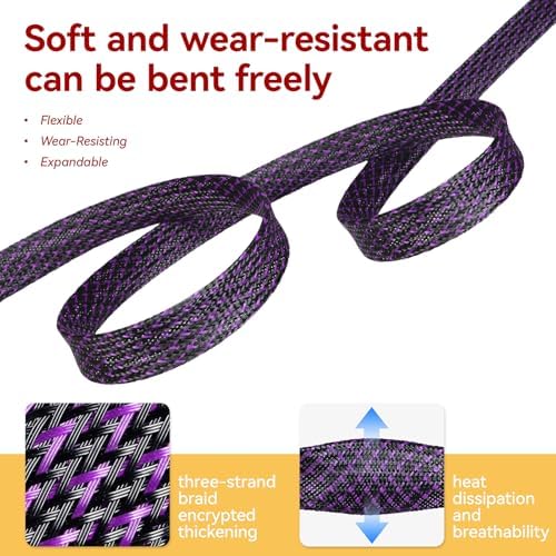 Braided Cable Sleeve, 16.4ft Expandable Mesh Cable Management Sleeve, Wear-Resistant Cord Protectors from Pets No Chew Flexible Wire Sleeving for Audio Video (Black and Purple-2, 5/8") - Image 3
