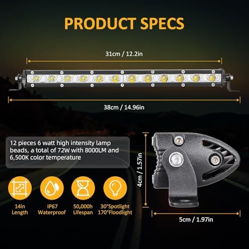 Zmoon 12 Inch LED Light Bar, 144W 8000LM Spot Flood Combo Beam, 6500K White - Image 2