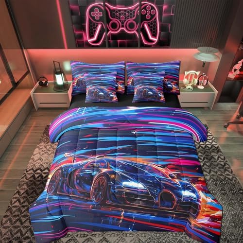 Feelyou Race Car Bedding Set 7 Piece Boys Girls Speed Sports Car King Comforter Set with Sheets for Kids Extreme Sports Bed in a Bag Trippy Automobile Colorful Bed Set Room Decor by Feelyou
