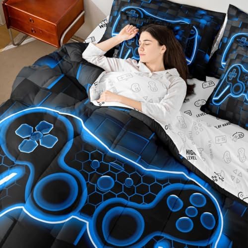 Feelyou Kids Gamer Queen Comforter Set with Sheets Gaming Bedding Set 7 piece for Boys Bedroom Decor Lighting Honeycomb Game Controller Bed in a Bag Blue and Black Geometric Bed Set - Image 7