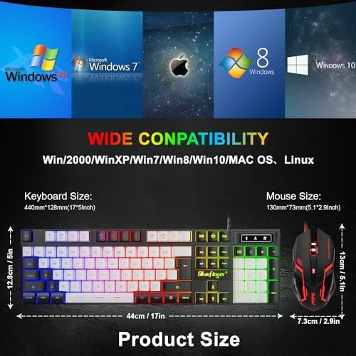 BlueFinger RGB Gaming Keyboard and Backlit Mouse Combo, USB Wired, LED Gaming Set for Laptop PC Computer Game and Work (Black & White) - Image 6