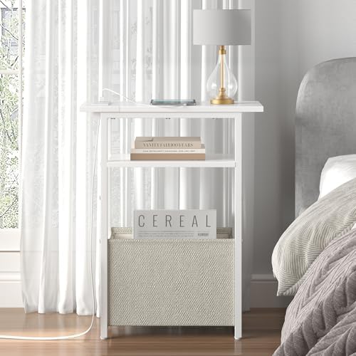 sthmec Narrow Side Table with Charging Station, Small End Table for Small Spaces, Skinny Nightstands with Storage Basket, 3 Tier Sofa Couch Bedside Tables for Living Room,Bedroom, White - Image 6