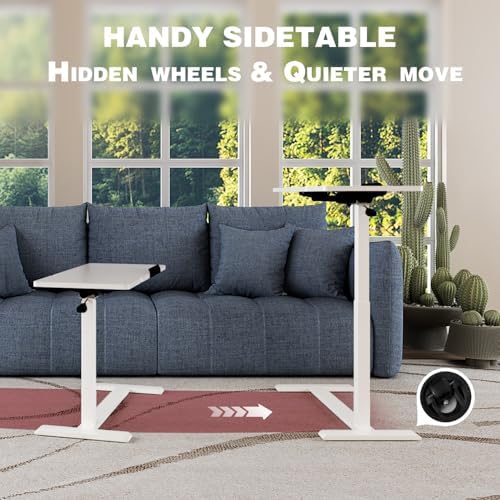 Adjustable Overbed Bedside Table with Wheels Pneumatic Mobile Standing Laptop Desk Rolling Computer Cart Movable Couch Desk Hospital Home Use, White - Image 4