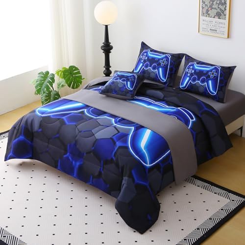 JQinHome Queen Size Gaming Bedding Set 6-Piece Comforter for Boys Teens - 3D Video Game Print Bed in a Bag with Sheets, Blue Cool Black Design (Queen) - Image 3