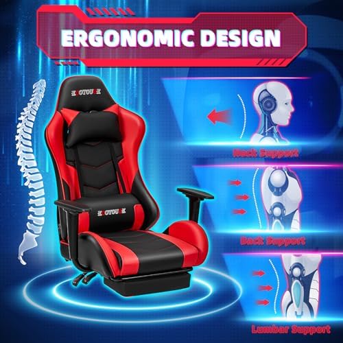 ECOTOUGE Red Ergonomic PC Massage Gaming Chair with Footrest | Reclining Racing PU Leather, Swivel Rocker, Headrest, Lumbar Pillow, Office Desk Chair, Adjustable Height, Sturdy Base - Image 4
