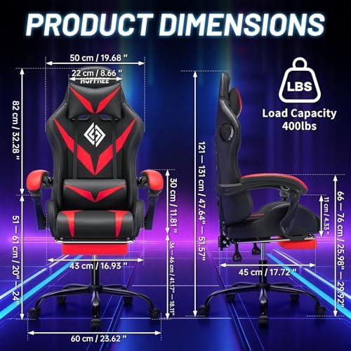 LED Gaming Chair with Speakers RGB Lights Massage Computer Chairs-Red | Bluetooth Game Chairs for Adults;Ergonomic High Back Video Game Chair; Reclining Gamer Chair with Footrest Lumbar Support - Image 2