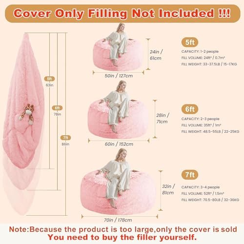 Fluffy Bean Bag for Stuffed Animals Storage, Faux Fur Washable Bean Bag Chair Cover(No Filler) for Textile Plush Toys, Beanbag Chair Cover for Adults Kids Teens, 5FT, Pink - Image 2