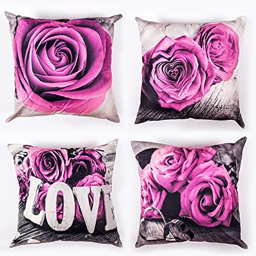 Light Purple Rose Throw Pillow Covers Set of 4 20x20” Flower Decorative Cotton Linen Square Pillow Cases for Bedroom Outdoor Patio Couch Cotton Linen Cushion Covers Living Room Bed Sofa Home Decor by YOOOAHU