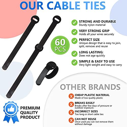 60x Cable Management Ties, Cord Wraps Black 6 Inches, Reusable Tidy Wire Ties for Cords, PC, TV, Computer & Desk - Image 3