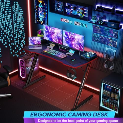 BestOffice Gaming Desk Z Shaped 47 inch PC Computer Desk Computer Workstation Ergonomic Gaming Table with Headphone Hook for Game Players, Black&Red - Image 4