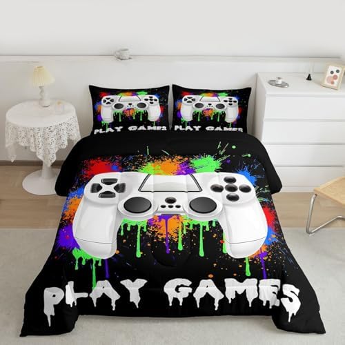 Feelyou Kids Boys Graffiti Gamer Bedding Set King Size, Black Gaming Comforter Set Game Comforter for Game Room Decor Duvet Set Durable Bed Set 3Pcs Room Decor Quilt Set Bedding Collection by Feelyou