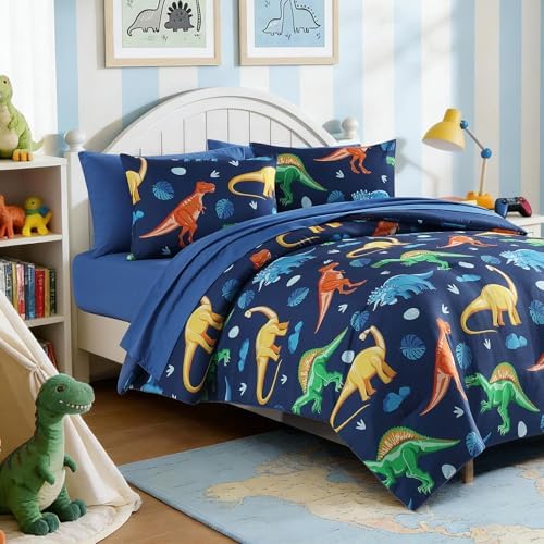 Twin Comforter Set for Boys - 5 Pieces Navy Dinasour Twin Bedding Sets - Image 2