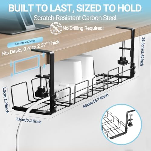 Under Desk Cable Management Tray, 15.7'' Metal Wire Organizer with Clamp, No Drill Desk Cord Rack for Cable Management, Computer Wire Organizer for Office and Home – Sturdy & Scratch-Free - Image 4