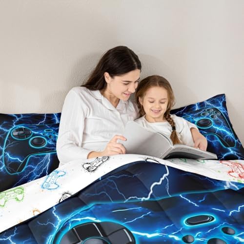 Erosebridal Gaming Comforter Set Gamer Full Size Bedding Sets, Video Game Consoles Comforter Blue Lightning Bed Set,Gamer Room Decor for Boys - Image 4