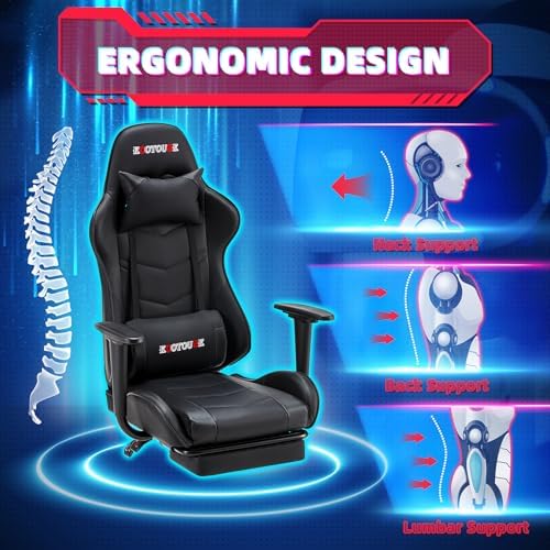 ECOTOUGE Black Ergonomic PC Massage Gaming Chair with Footrest | Reclining Racing PU Leather, Swivel Rocker, Headrest, Lumbar Pillow, Office Desk Chair, Adjustable Height, Sturdy Base - Image 4