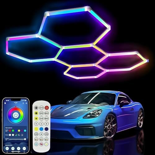 25Pack RGB Hexagon led Garage Lights,5 Hexagon Light with Multi Color,Dimmable&Speed Adjustable RGB Hex Wall Lights,DIY Design for Remote Control & Smart App Control Music Modes by Maxziller