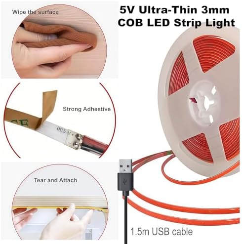 3mm Ultra-Narrow 5V USB COB LED Strip Self-Adhesive for Cabinet Gap Gaming Desk Decor(Red, 3ft) - Image 2