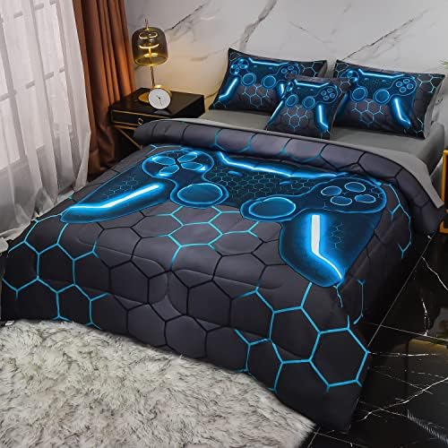 6Pcs Game Console Comforter Set with Sheets for Boys Girls Kids Teens, Geometric Gaming Themed Bed in A Bag Twin Size, Blue 3D Video Gamer Controller Bedroom Decor Bedding Set by Keyroal