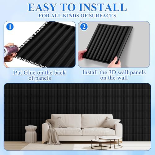 Nuanchu 90 Pcs 3D Wall Panels, 12"x12" PVC Fluted Tiles, Black - Image 4