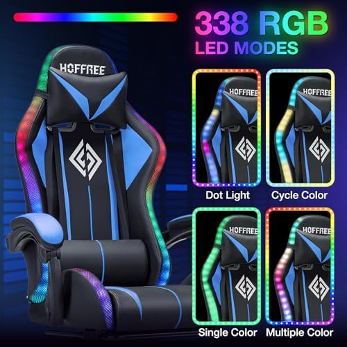 HOFFREE RGB Gaming Chair with Speakers Massage LED Lights Game Chair-Blue | Bluetooth Computer Gaming Chair with Footrest Video Game Chair for Adults Ergonomic High Back Gamer Chair with Lumbar Support - Image 4