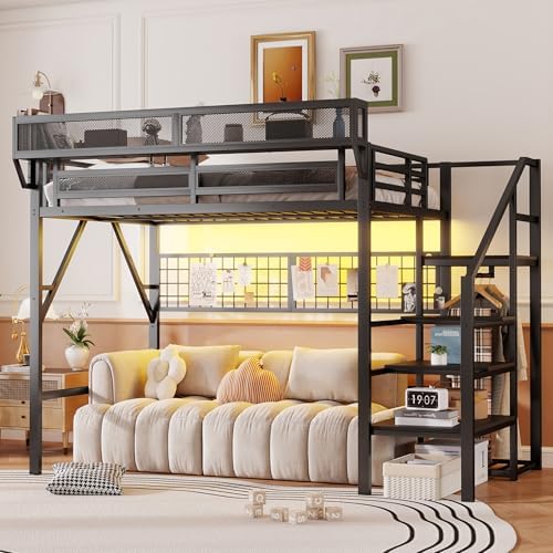 KEIKI Full Size Metal Loft Bed Frame with Grid & Staircase & Built-in Storage Shelves & Wardrobe, Modern Loft Bed with Solid Slat & Guardrail, No Box Spring Required, Easy Assembly, for Bedroom, Black by KEIKI
