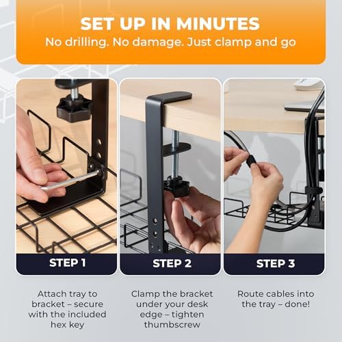 JANEX Under Desk Cable Management Tray Kit, No Drill Clamp-On Cable Organizer for Desk, Wire Cord Management Tray with Cable Sleeve, Cable Clips, Ties & Velcro Strips, Black - Image 6