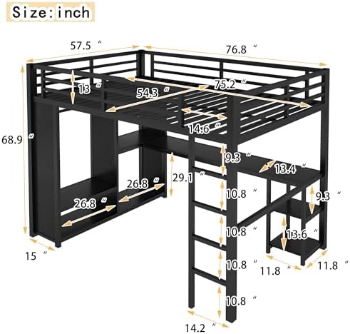 Bellemave Metal Full Size Loft Bed with Desk and Wardrobe,Heavy Duty Loft Bed Frame with Storage Shelves for Kids,Teens,Adults, Space Saving,Black - Image 2