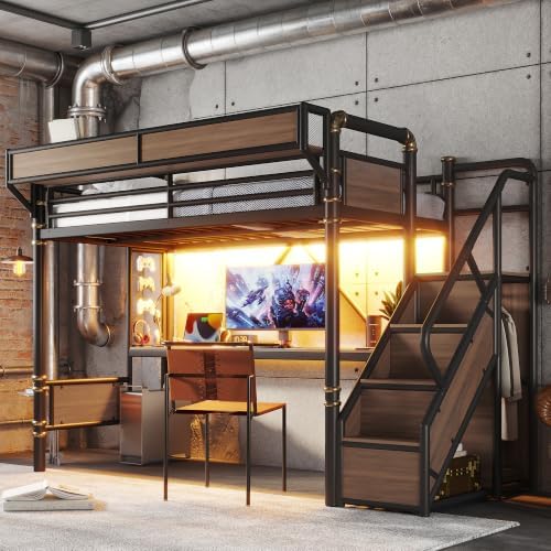KEIKI Twin Size Metal Loft Bed Frame with Storage Staircase, Desk, Black by KEIKI
