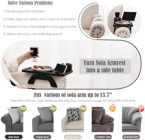 Nnewvante Couch Armrest Table 3 in 1 Bamboo Sofa Arm Clip-on Tray, Black - Image 4