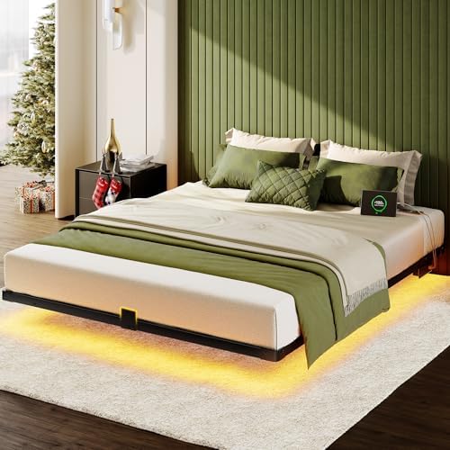 Floating Bed Frame Queen Size, Smart LED Lights & Charging Station, 9.45" High Clearance, Mattress Slide Stopper, Noise-Free, No Box Spring Needed, Easy Assembly by Unknown