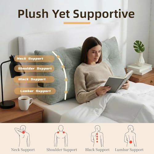 Wedge Reading Pillow Headboard Queen Size, Headboard Bolster Pillow for Bed, Triangular Backrest Cushion with Removable Corduroy Cover, LightGrey - Image 3