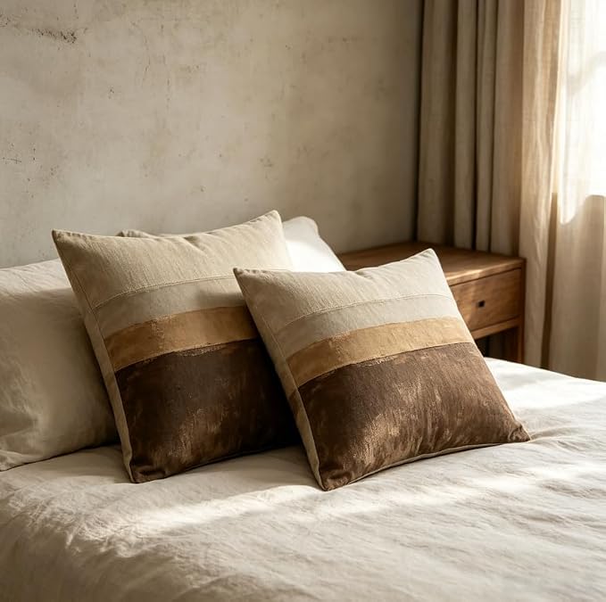 Linen Throw Pillow Covers Set of 2, 18x18in Stripe，Set of 2 Neutral Gradient Horizontal Stripe Linen Throw Pillow Covers 18x18 Boho Cushion Cases - Image 3
