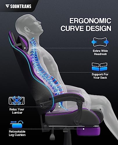 Soontrans Purple Gaming Chair with Footrest, Ergonomic Gamer Chair, Video Game Chairs with Adjustable Headrest, Removable Lumbar Support Office Chair, Game Chairs for Adults Teens(Purple) - Image 6