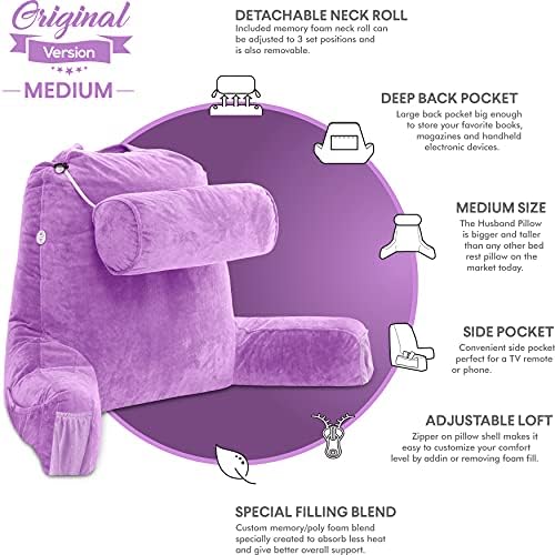 Husband Pillow Medium Reading Pillow with Arms - 23" Backrest for Sitting Up in Bed - Firm Support Bed Rest Pillow for Adults, Neck Roll, Removable Cover - TV, Reading, Lounging - Light Purple - Image 5