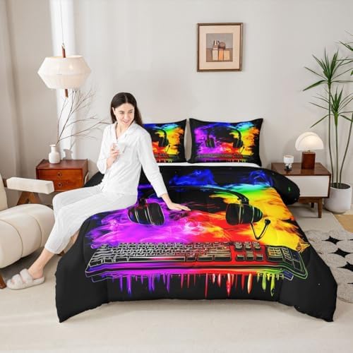 Erosebridal Gaming Keyboard Comforter Set Gaming Headphones King Bedding Set for Adult Men Watercolor Smoke Fire Comforter Gamer Headset Duvet Insert - Image 2