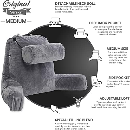 Husband Pillow Medium Reading Pillow with Arms - 23" Backrest for Sitting Up in Bed - Firm Support Bed Rest Pillow for Adults, Neck Roll, Removable Cover - TV, Reading, Lounging - Dark Grey - Image 5