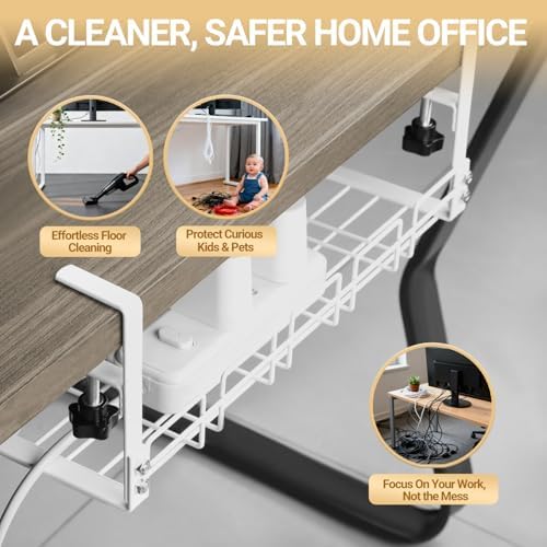 Under Desk Cable Management Tray, 15.7'' Metal Wire Organizer with Clamp, No Drill Desk Cord Rack for Cable Management, Computer Wire Organizer for Office and Home, Sturdy & Scratch-Free - Image 6