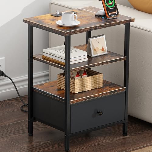 Side Table with Charging Station, Nightstand with Adjustable Fabric Drawer, Bedside Table for Bedrooms, Living Rooms & Home Decor (Brown Black) by Tensirock