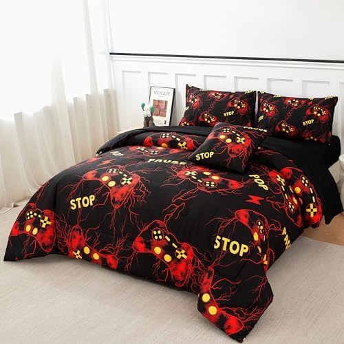 ZRNBAST Gamer Comforter Set Full Size, Red Gaming Bedding Set for Boys, Lightning Game Console Microfiber Bed Sets, 6 Pieces Teen Game Gamepad Bed in a Bag (Red,Full) - Image 2