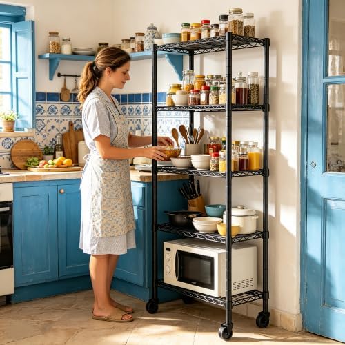 REGILLER 5-Wire Shelving Metal Storage Rack Adjustable Shelves,Standing Storage Shelf Units for Laundry Bathroom Kitchen Pantry Closet(Black,14.1" D x 30" W x 82" H,With Wheels) - Image 2
