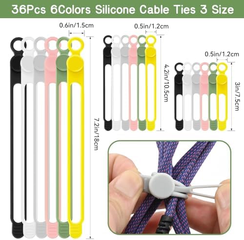 36Pcs Silicone Cable Ties, 6 Colors Data Cable Organizer Ties, 3 Sizes Cord Ties for Charging Cables, Wire Organizers, Electrical Cords, Computer Wires, Cord Organizers - Image 2