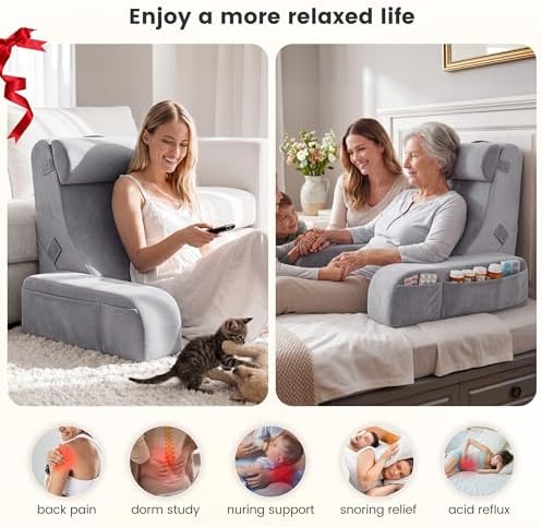 Homkdom Reading Pillow for Sitting in Bed Adult, 20" Back Pillow for Bed Sitting up with Armrests & Storage Pockets, Ergonomic Wedge Pillow for Watching TV, Gaming, Working, Recovery, 5PCS, Light Grey - Image 5
