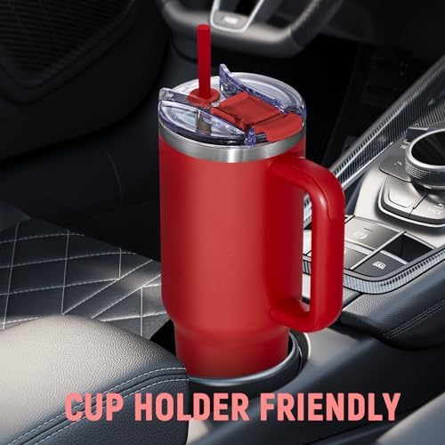 40 oz Tumbler with Handle and Straw Lid,Insulated Reusable Stainless Steel Water Bottle Travel Mug，Cupholder Friendly Double Wall Vacuum Sealed Cup (Cherry Red) - Image 5