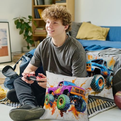 Watercolor Monster Truck Throw Pillow Cover 18x18 Inch,Set of 4 Kids Toddler Bedroom Decor,Abstract Cartoon Style Pillowcase for Sofa Vintage Hot Wheel Car Cushion Covers Boys Playroom Home Decoration - Image 4