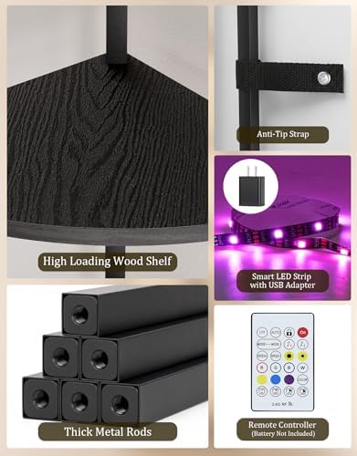 PARTPHONER Corner Shelf with LED Light, 5 Tier Smart Color Changing Floor Lamp with Remote, 62" Display Shelf Bookshelf Narrow Storage Rack Standing Lamp for Living Room Bedroom Home Office Décor - Image 4
