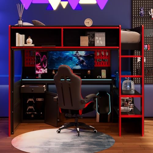 Merax Twin Size Gaming Loft Bed with Integrated Desk and Lights, Black+Red by Merax