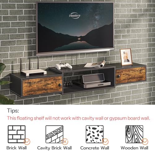 HOOBRO 55" Floating TV Stand with Power Outlet, Modern Wall Mounted Media Console Shelf Cabinet for Under TV Storage, Entertainment Center, Living Room, Bedroom, Rustic Brown and Black BF11DS01 - Image 5